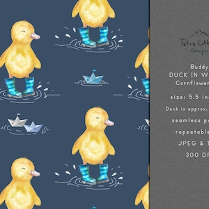 Peut inclure: Un motif sans couture représentant un canard jaune portant des bottes de pluie bleues et des bateaux en papier flottant sur un fond bleu foncé. Le motif mesure 5,5 pouces de large et le canard mesure environ 8 cm de haut. Le motif est disponible aux formats JPEG et TIFF à 300 DPI.