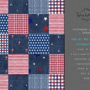 Op de afbeelding: Een patchwork-ontwerp met denim, rood-witte strepen, blauwe sterrenvelden en rood-witte ruitjes. Het ontwerp bevat kleine illustraties van zeilboten en strikken. De tekst aan de rechterkant luidt "PATCHWORK 4TH JULY - DENIM".