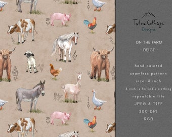 Farm Animals Country Seamless Pattern in Beige: Highland Cow, Horse, Pig (Digital File)