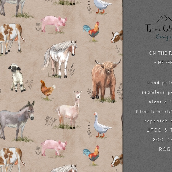 Farm Animals Seamless Pattern Design with Highland Cow, Horse, Pig, Chicken, Sheep, Donkey, Goose, Farm Fabric Print Digital File - Beige
