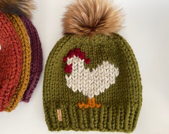 Knit Chicken Hat Hand Knit Beanie PomPom Beanie Ready To Ship Olive Adult Size
