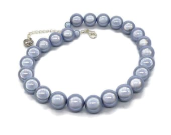 Blue Grey Beaded Necklace, Silver Blue Miracle Bead Jewellery, Large Bead Chunky Statement Necklace, Reflective Wedding Guest Jewellery Set