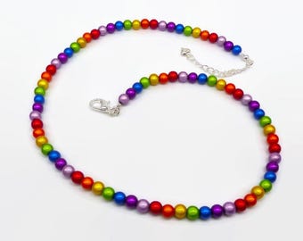 Rainbow Beaded Necklace, 6mm Miracle Beads, Festival Glowing Necklace, Pride or LGBTQ Gift, Luminescent Jewellery