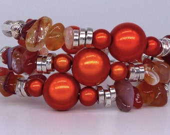 Orange Carnelian Bracelet with Miracle Beads, 17th Wedding Anniversary Gift for Her, Virgo Jewellery Gift, Memory Wire Handcrafted Bracelet