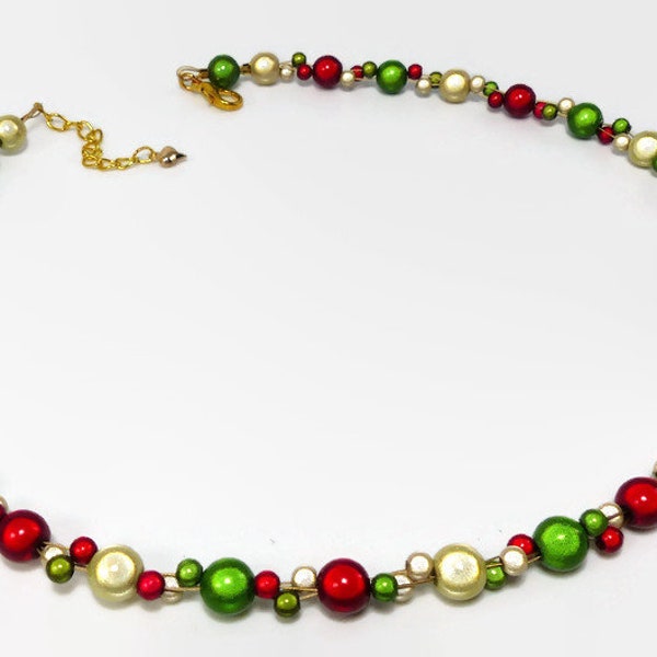 Christmas Necklace, Red Gold and Green Miracle Bead Necklace, Glow Bead Choker, Reflective 'Glowing' Jewellery, Christmas Gift for Women