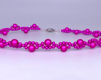 Hot Pink Beaded Necklace, Elegant Fuchsia Choker, Bright Pink Miracle Bead Twisted Necklace, Cerise Wedding Guest Jewelry, Pink Gift idea
