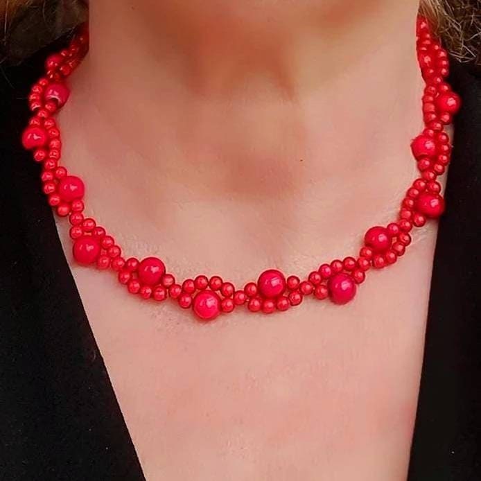 Elegant Ruby Red Jewellery Set, Bright Red Beaded Twisted