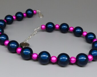 Navy Blue & Fuchsia Miracle Bead Necklace, Indigo and Hot Pink Glow Bead Choker, Large Beads, Wedding Outfit Accessory, Colour Changing Gift