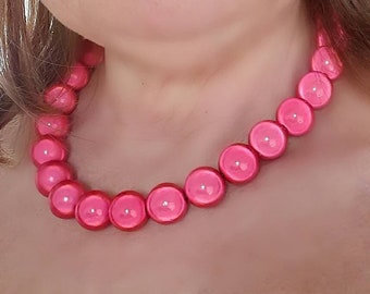 Coral Pink Necklace, Reflective Miracle Bead Necklace, Chunky Large Bead Statement Necklace, Wedding Guest Jewelry, Dark Pink Gift for Women