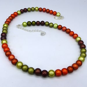 Autumn Palette Beaded Necklace in Green, Brown and Orange, Reflective Miracle Bead Jewellery,  Unusual Colourful Autumnal Gift for Women