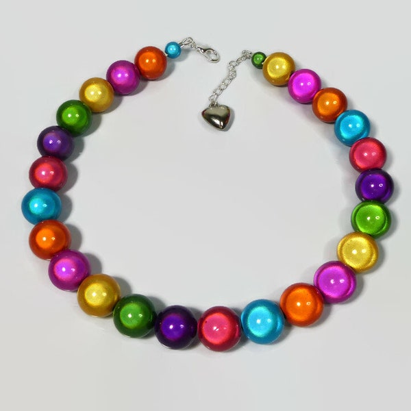 Bright Colourful Beaded Necklace, Large Bead Statement Miracle Bead Necklace, Chunky Reflective Glowing Jewellery, Multicoloured Fun Gift