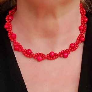 Ruby Red Necklace, Elegant Cherry Red Choker, Bright Red Twisted Necklace, Wedding Guest Jewellery, Glowing Miracle Beads, Gift for Women