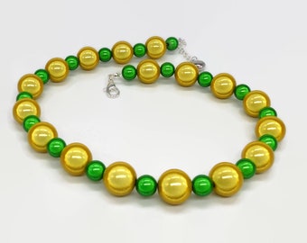 Yellow & Green Colourful Beaded Necklace, Large Bead Statement Miracle Bead Necklace, Spring Reflective Glowing Jewellery, On Trend Colours