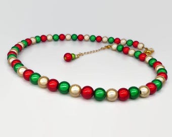 Beaded Christmas Necklace, Red, Green and Gold Miracle Bead Necklace, Christmas Jewelry Gift, Secret Santa for Women, Stocking Filler