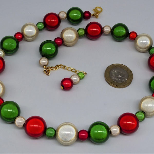 Statement Christmas Necklace, Red Gold and Green Miracle Beads, Glow Bead Choker, Large Beads, Reflective 'Glowing' Jewelry, Gift for Women