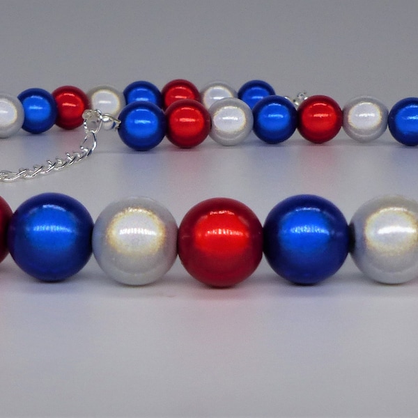 Red, White and Blue Necklace, Independence Day Jewelry, Statement Necklace, Glowing Miracle Bead Choker, Euro 2024, Patriotic Gift for Women