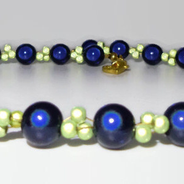 Marineblaue und lindgrüne Perlenkette, blaue und grüne Statement-Halskette für Frauen, reflektierende Wunderperlen-Halskette, Hochzeitsgast-Schmuck