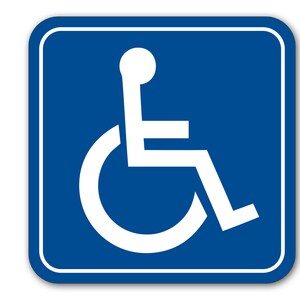 May include: A blue square sign with a white wheelchair symbol. The symbol depicts a person sitting in a wheelchair with wheels.