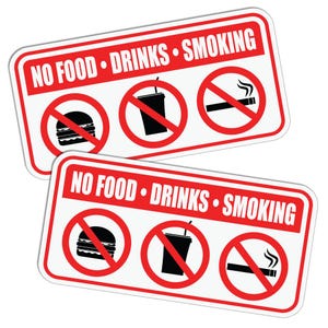 May include: Two rectangular signs with a white background and red borders. The signs read "NO FOOD • DRINKS • SMOKING" in red text. Each sign has three red circles with a line through images of a hamburger, a drink, and a cigarette.