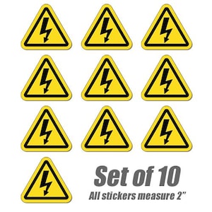 May include: A set of ten yellow and black high voltage warning stickers. Each sticker is a yellow triangle with a black lightning bolt symbol. The stickers measure 2 inches.