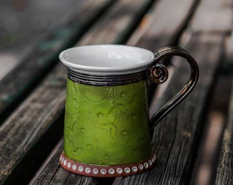 Coffee mug, Tea mug, Green mug, Ceramics and Pottery, Coffee Cup, Unique  Mug,  Handbuilt mug, Handpainted mug, Housewarming gift, Pottery