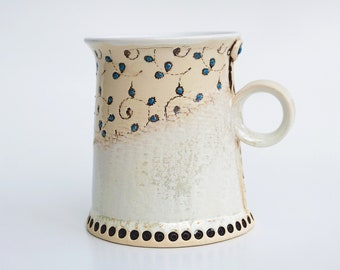Handmade Stoneware Mug, Lace Texture, Blue Flowers, Pottery Tea Cup