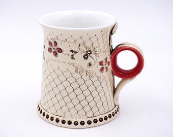 Ceramic mug, Coffee mug,  Tea mug, Unique  Mug, Handmade mug, White Mug, Housewarming gift, Pottery tea mug, Red Flowers, Mug, Romantic mug