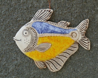 Fish, Ceramic fish, Fish tile, Funny fish, Ceramic tile, Yellow fish, Ceramics and pottery, Handmade fish, yellow ceramic fish tile