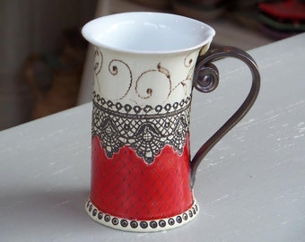 Ceramic Mug, Tea Mug Handbuilding Techniques, Ceramics and pottery, ceramic cup, Tea cup, Coffee cup, Coffee mug, red mug, handmade mug, cup