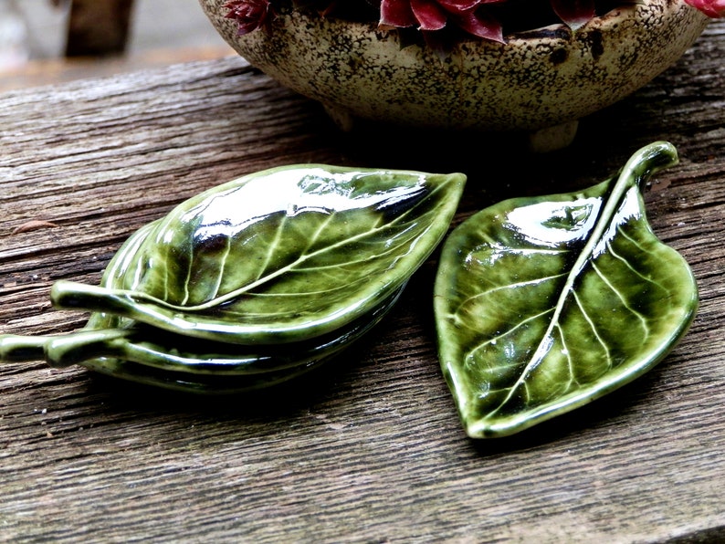 Set of four Small Ceramic Leaf Dish, Ring Dish, Tea Bag Holder, Earrings Holder, Ceramic Leaf, Candle Holder, Spoon Rest, Handmade Leaf 