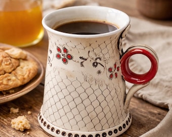 Artisan Ceramic Mug, Sculpted Handle, Red Floral Lace Texture Coffee Cup