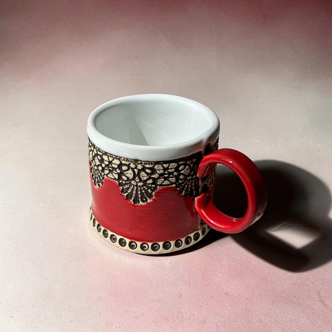 Handmade Red Ceramic Mug With Lace Detail, Unique Artisan Coffee Cup - Etsy