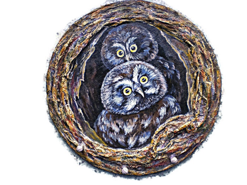 A Hand Painted Little Owls In Their Wooden Nest Painted Owls Etsy