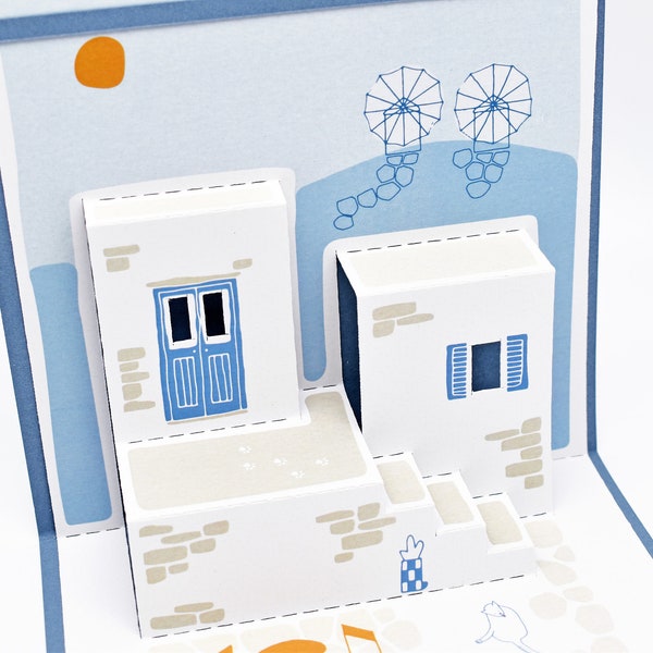 Serifos pop up card - Cyclades kirigami greeting card - Greek islands summer memorabilia - Aegean windmills, cats and architecture souvenir