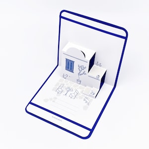 Biglietto pop-up di Mykonos - Biglietto d'auguri kirigami delle Cicladi - Souvenir estivi delle isole greche - Vicoli dell'Egeo, gatti e architettura
