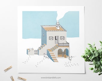 House in Sifnos island with cats / Art print / Illustration / Wall art