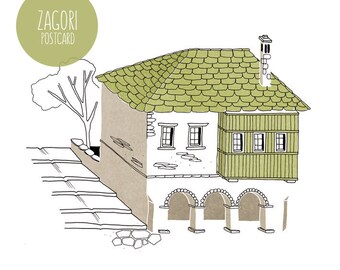 Zagori postcard + envelope / Greeting card / Greek architecture / Illustrated paper goods