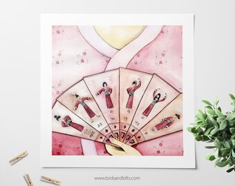 Six little chinese ladies art print / Illustration for children / Watercolors / Wall art for kids room