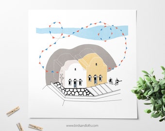 Santorini Illustration Print / Summer fair in Santorini / Art print / Illustration / Wall art