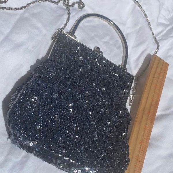 Vintage navy blue sequin evening handbag purse