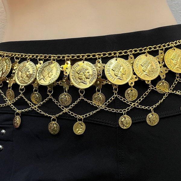 Gold Tribal Coin Belt - Belly Dance Coin Belt with Coin Fringe - Queen Elizabeth II Coins