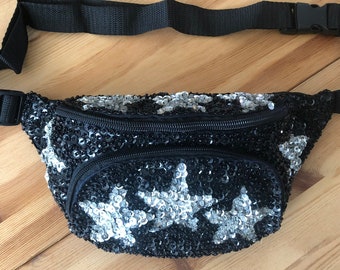 Silver Stars on Black Sequin Fanny Pack