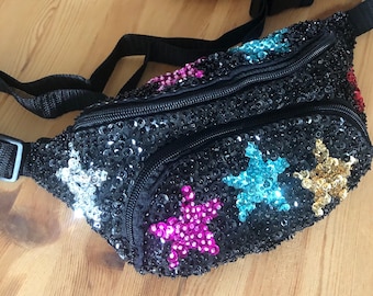 Colored Stars on Black Sequin Fanny Pack