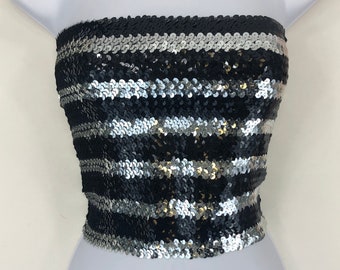 Black and Silver Striped Sequin Strapless Tube Top
