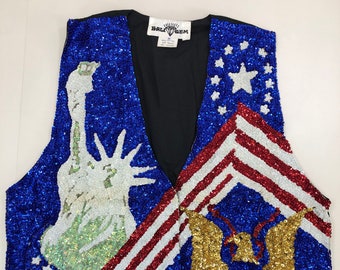 US Crest & Statue of Liberty, Red, White, and Blue American Flag Sequin Vest