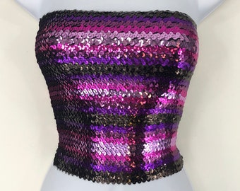 Pink, Fuchsia, Purple and Brown Striped Sequin Strapless Tube Top