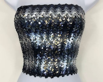 Silver, Navy Blue and Black Chevron Striped Sequin Strapless Tube Top