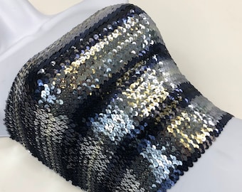 Silver, Navy Blue and Black Striped Sequin Strapless Tube Top