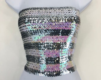 Silver and Opal Pink Striped Sequin Strapless Tube Top