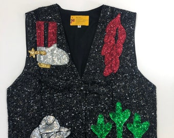 Southwest Sequin Vest - Black Sequin Vest with Boots, Chili Peppers, Cactus's and Cowboy Hats